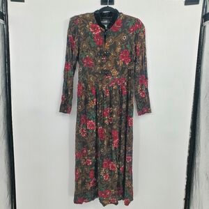 ◇◇ Molly Malloy Vintage Floral Button Up Long-sleeved Dress Size 10 Black Green
